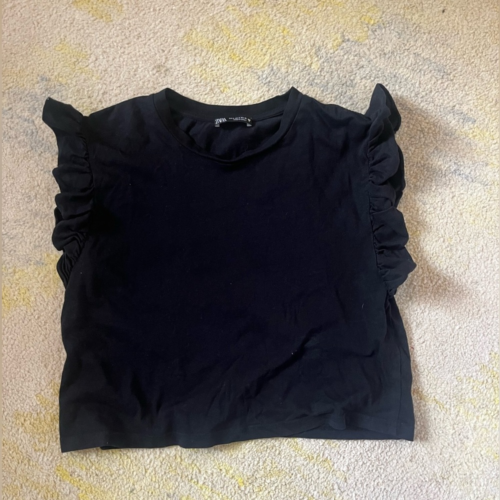 Black Zara Top with Frilly Ruffle Sleeves